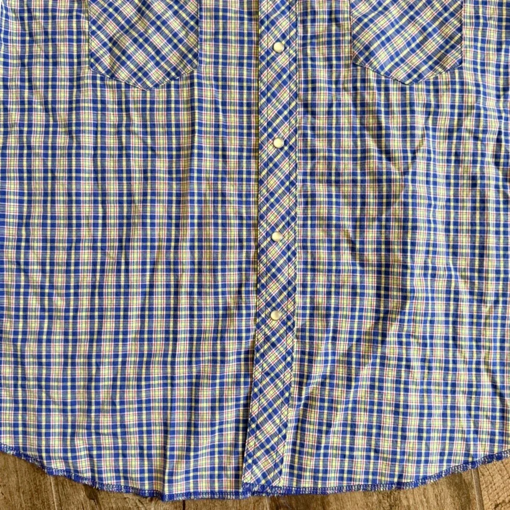 Wrangler Rustler VTG Western Plaid Single‎ Stitch Snap SS Shirt,Blue Yellow,XLT